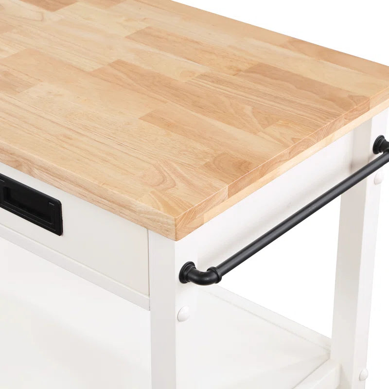 Kitchen Island Table: 34.75'' Wide White Farmhouse-Style Cart with Solid Wood Top