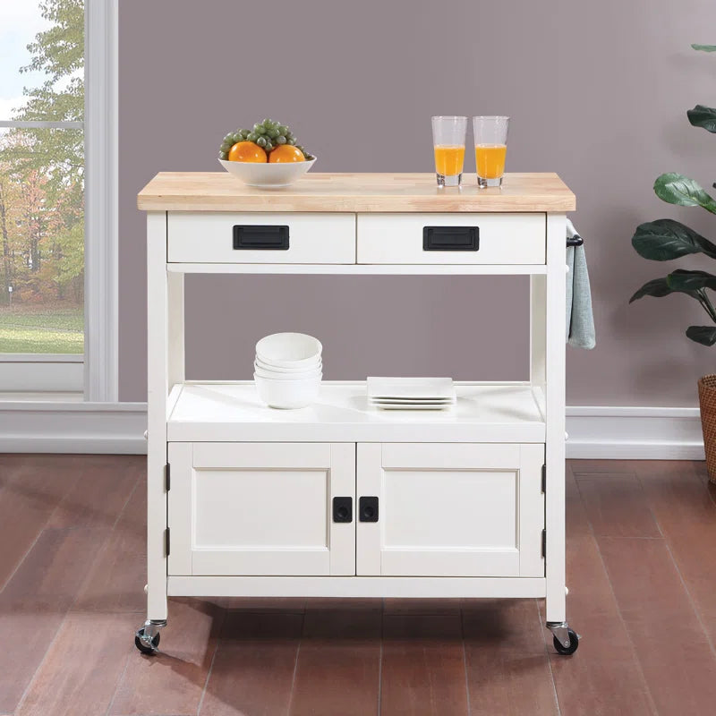Kitchen Island Table: 34.75'' Wide White Farmhouse-Style Cart with Solid Wood Top