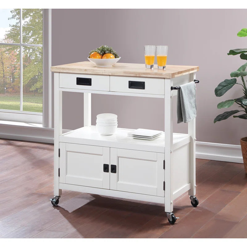 Kitchen Island Table: 34.75'' Wide White Farmhouse-Style Cart with Solid Wood Top