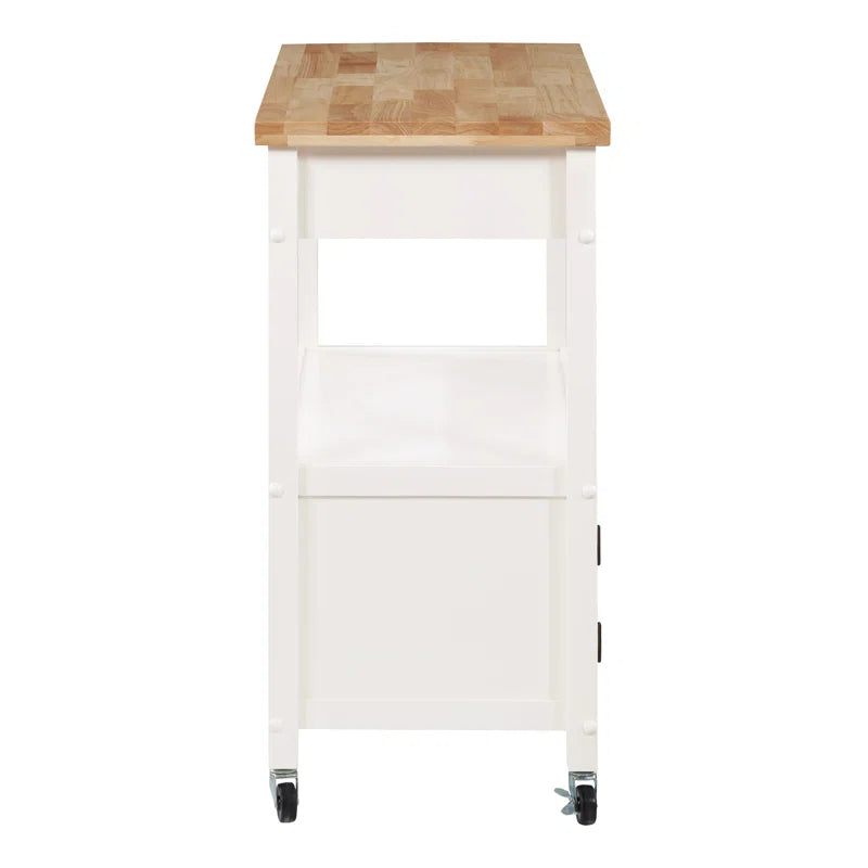 Kitchen Island Table: 34.75'' Wide White Farmhouse-Style Cart with Solid Wood Top