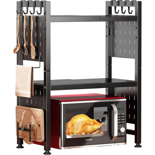 Kitchen Racks: Adjustable Kitchen Countertop Shelf with Hooks and Microwave Storage