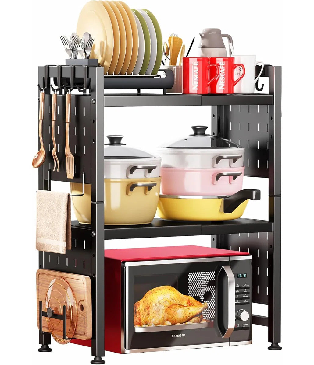Kitchen Racks: Adjustable Kitchen Countertop Shelf with Hooks and Microwave Storage