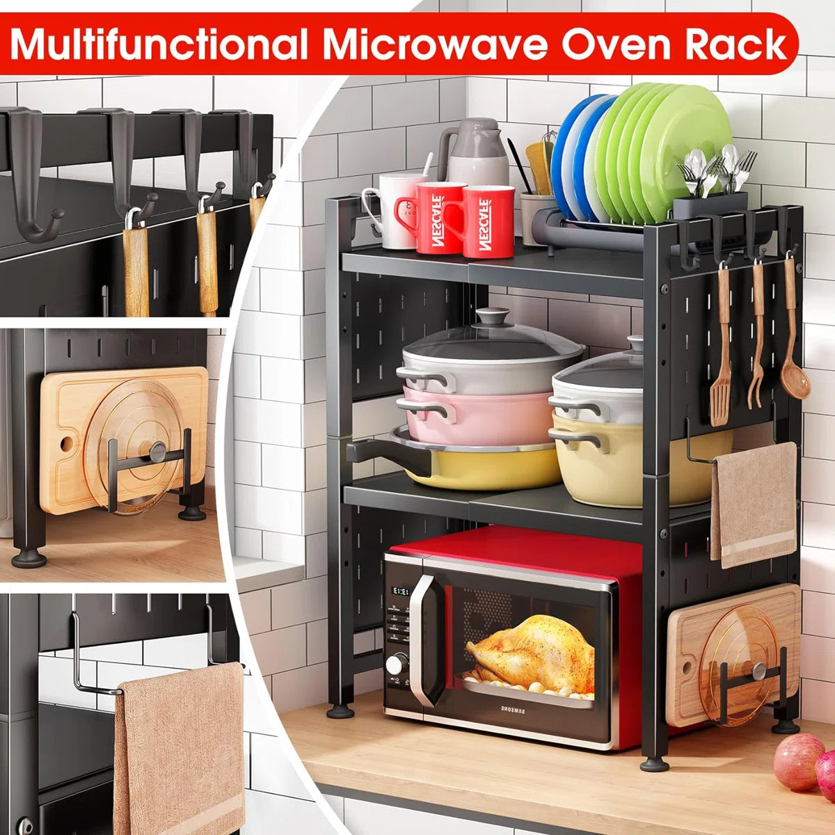 Kitchen Racks: Adjustable Kitchen Countertop Shelf with Hooks and Microwave Storage