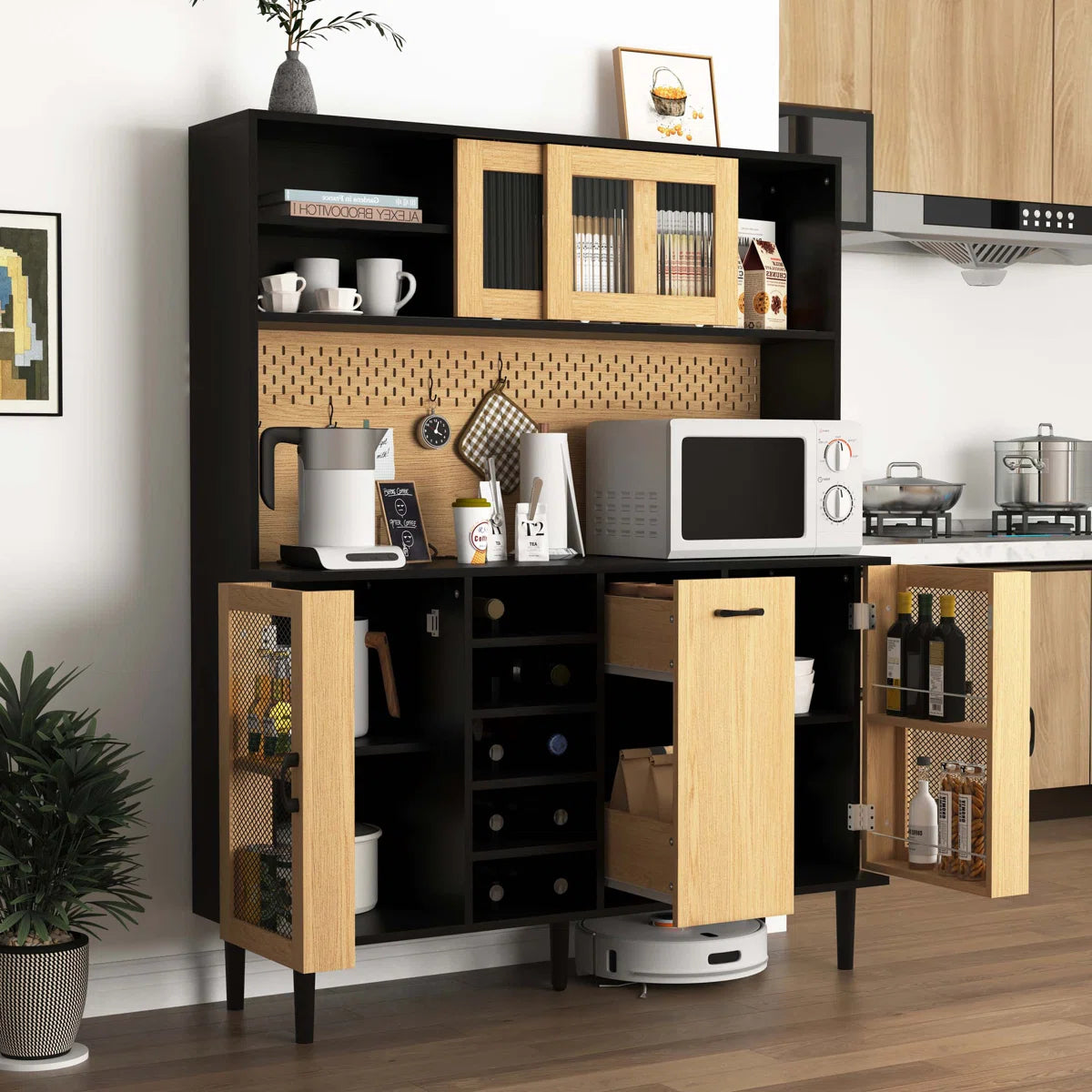 Microwave Stands: Sideboard Buffet Cabinet with Built-in Power Outlet and Storage Door