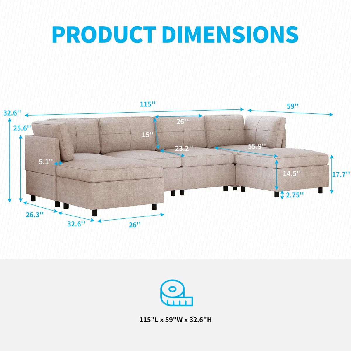 7 Seater Sofa Set: 118.11" Upholstered Sofa with Chaise for Modern Living Rooms
