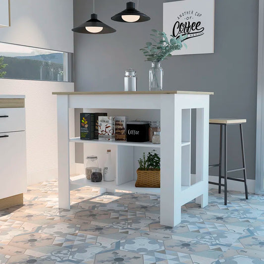 Kitchen Island Table: Two-Tone Workstation with Storage Shelves & Seating Space