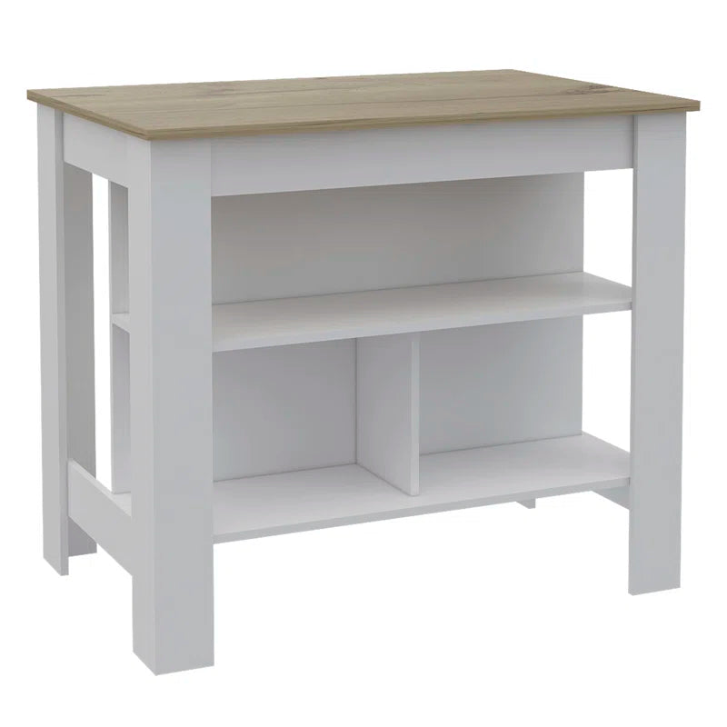 Kitchen Island Table: Two-Tone Workstation with Storage Shelves & Seating Space