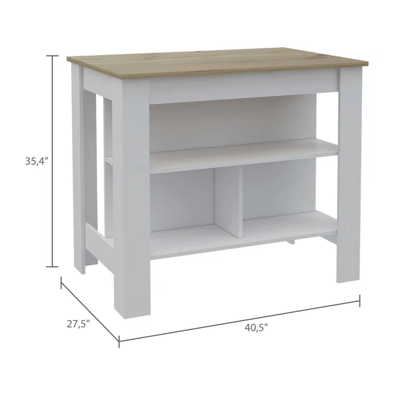 Kitchen Island Table: Two-Tone Workstation with Storage Shelves & Seating Space