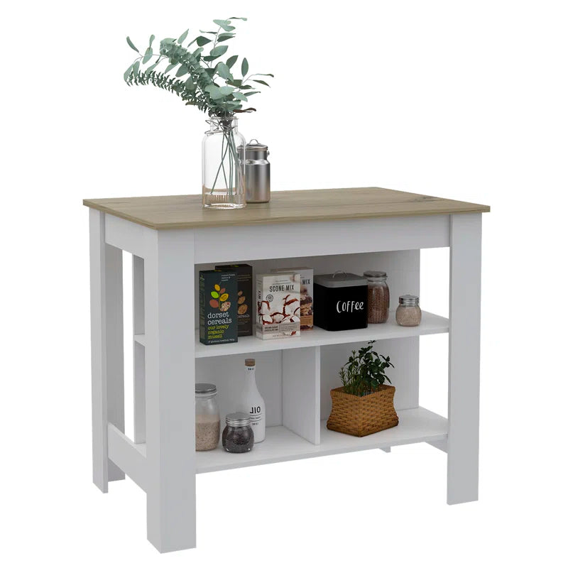 Kitchen Island Table: Two-Tone Workstation with Storage Shelves & Seating Space