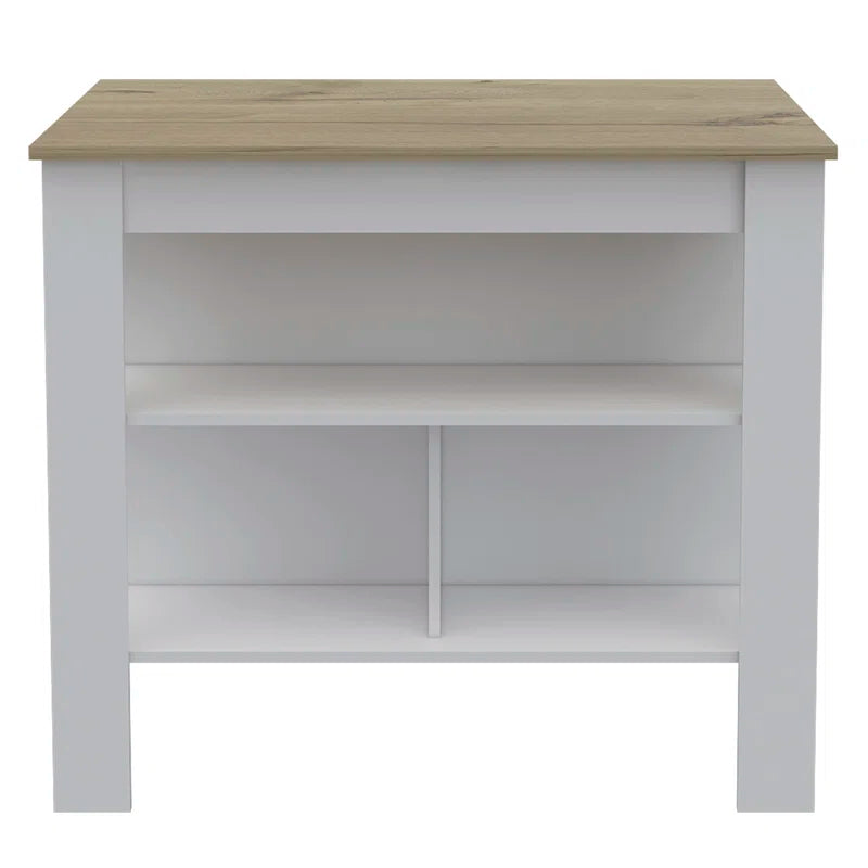 Kitchen Island Table: Two-Tone Workstation with Storage Shelves & Seating Space