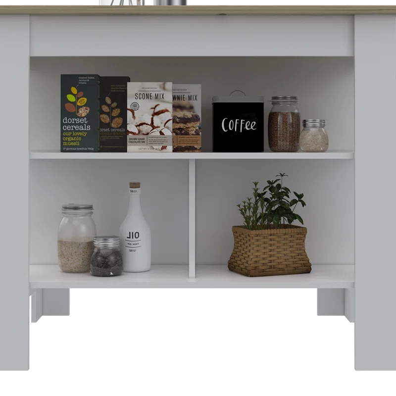 Kitchen Island Table: Two-Tone Workstation with Storage Shelves & Seating Space