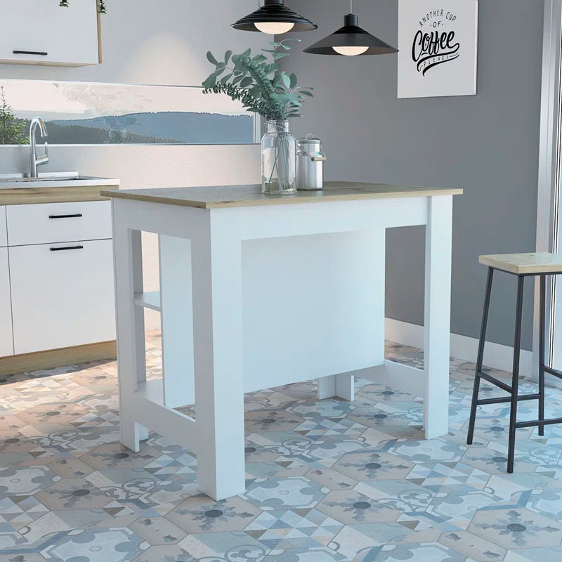 Kitchen Island Table: Two-Tone Workstation with Storage Shelves & Seating Space