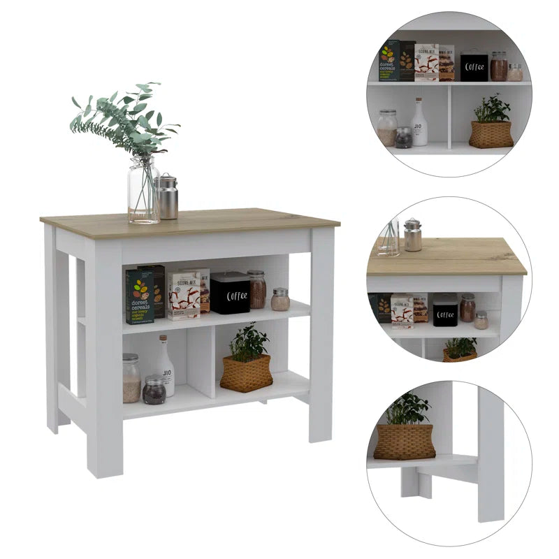 Kitchen Island Table: Two-Tone Workstation with Storage Shelves & Seating Space