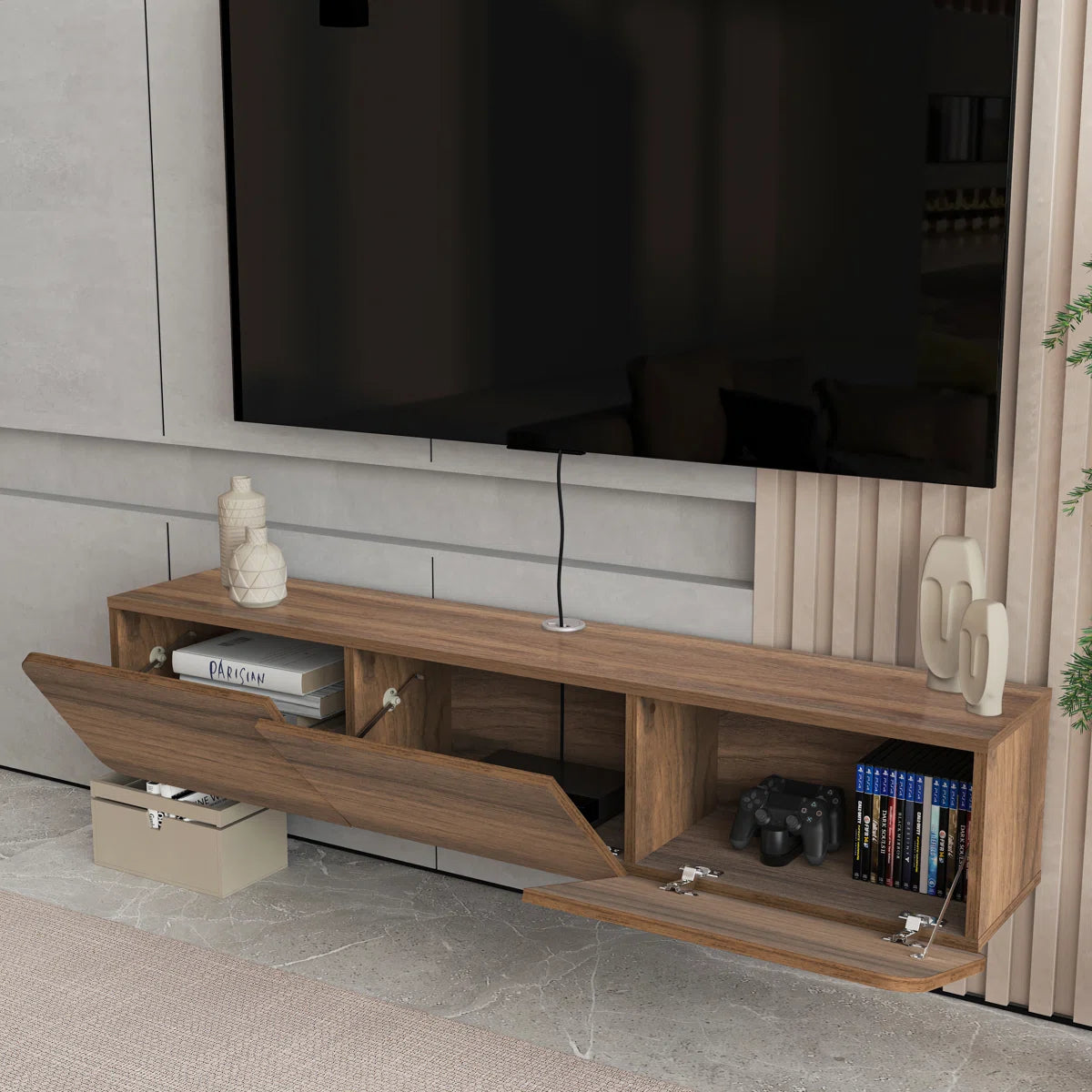 tv panel: Modern wall-mounted media console holds up to 78" TVs effortlessly