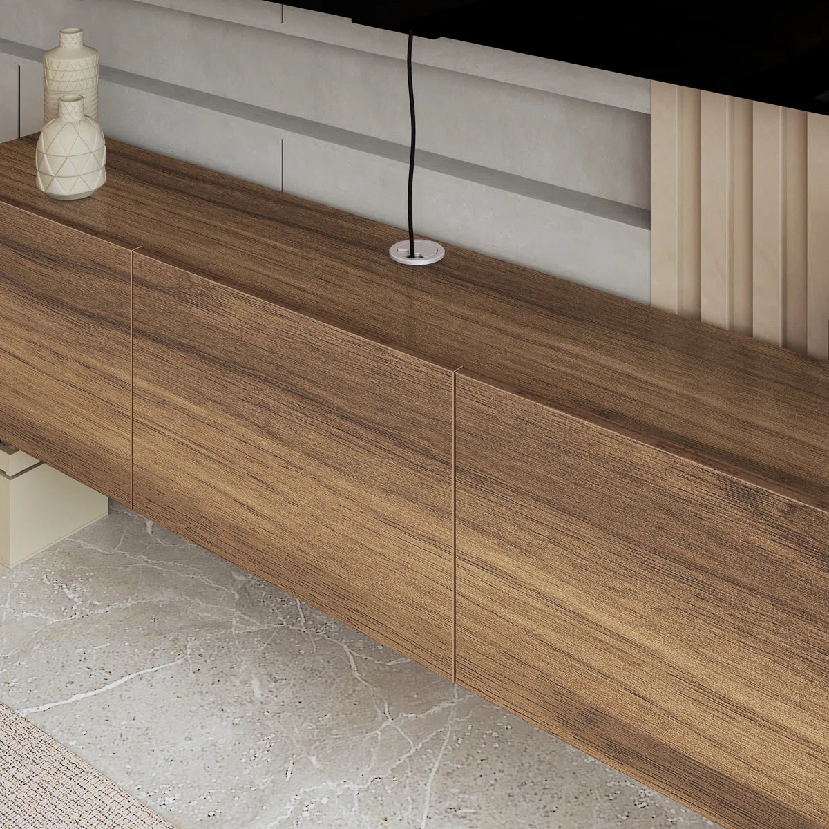 tv panel: Modern wall-mounted media console holds up to 78" TVs effortlessly