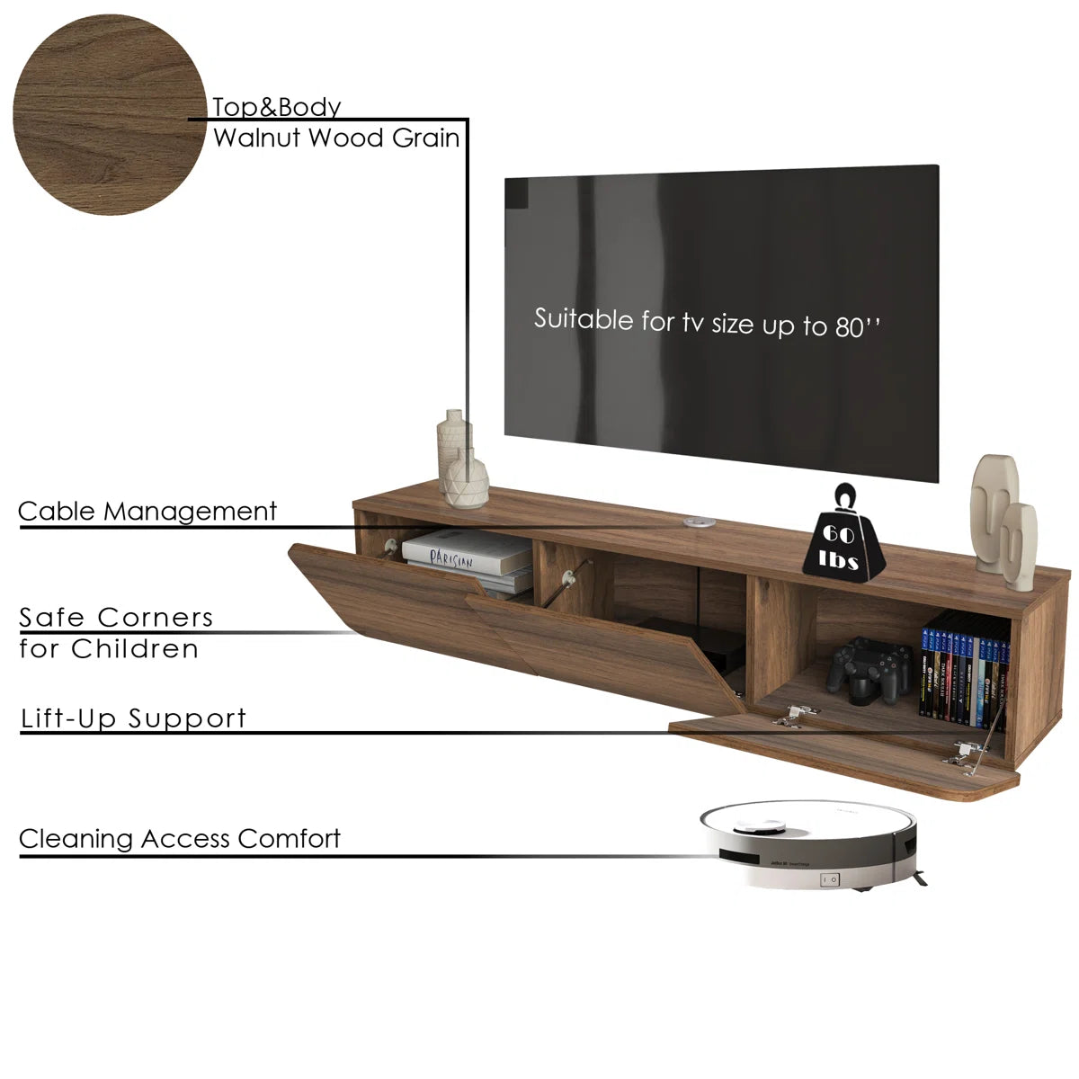 tv panel: Modern wall-mounted media console holds up to 78" TVs effortlessly
