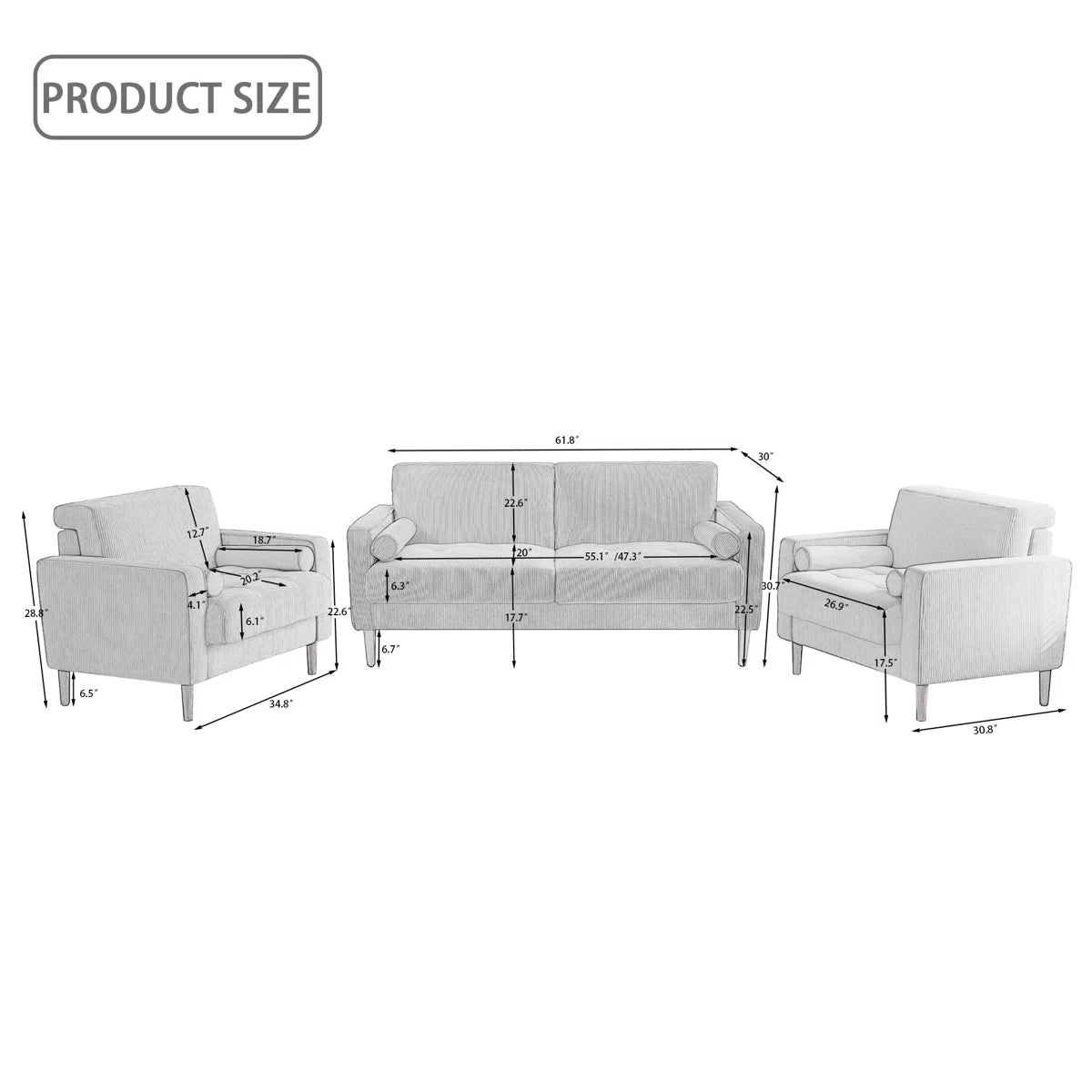 7 Seater Sofa Set: 3 - Piece Corduroy and Trendy Sofa Set