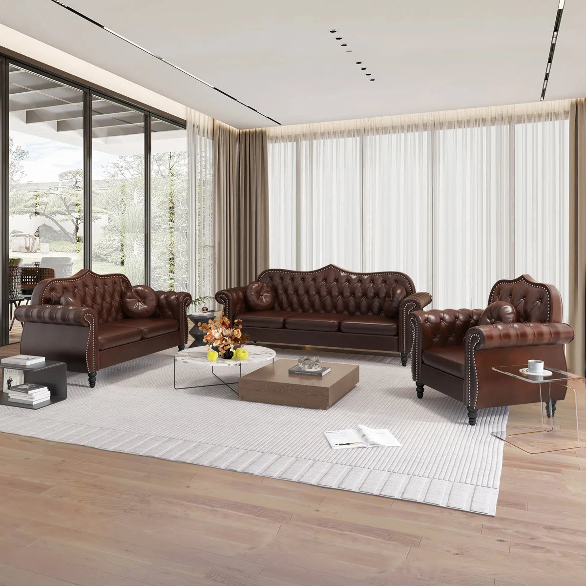Luxury Sofa Sets: 3-Piece Chesterfield Velvet Sofa, Loveseat & Armchair with Tufted Design and Nailhead Trim