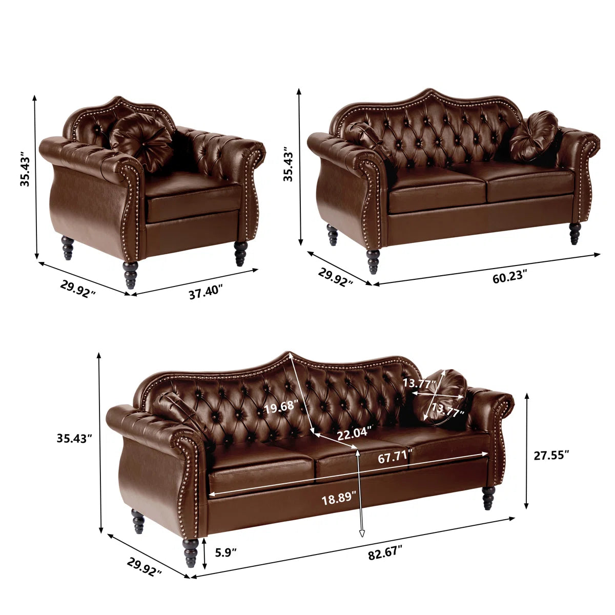 Luxury Sofa Sets: 3-Piece Chesterfield Velvet Sofa, Loveseat & Armchair with Tufted Design and Nailhead Trim