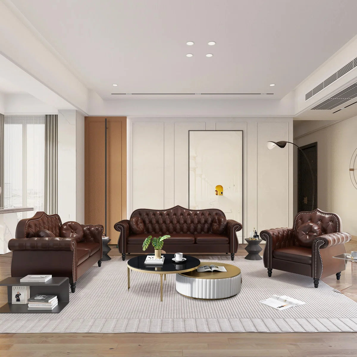 Luxury Sofa Sets: 3-Piece Chesterfield Velvet Sofa, Loveseat & Armchair with Tufted Design and Nailhead Trim