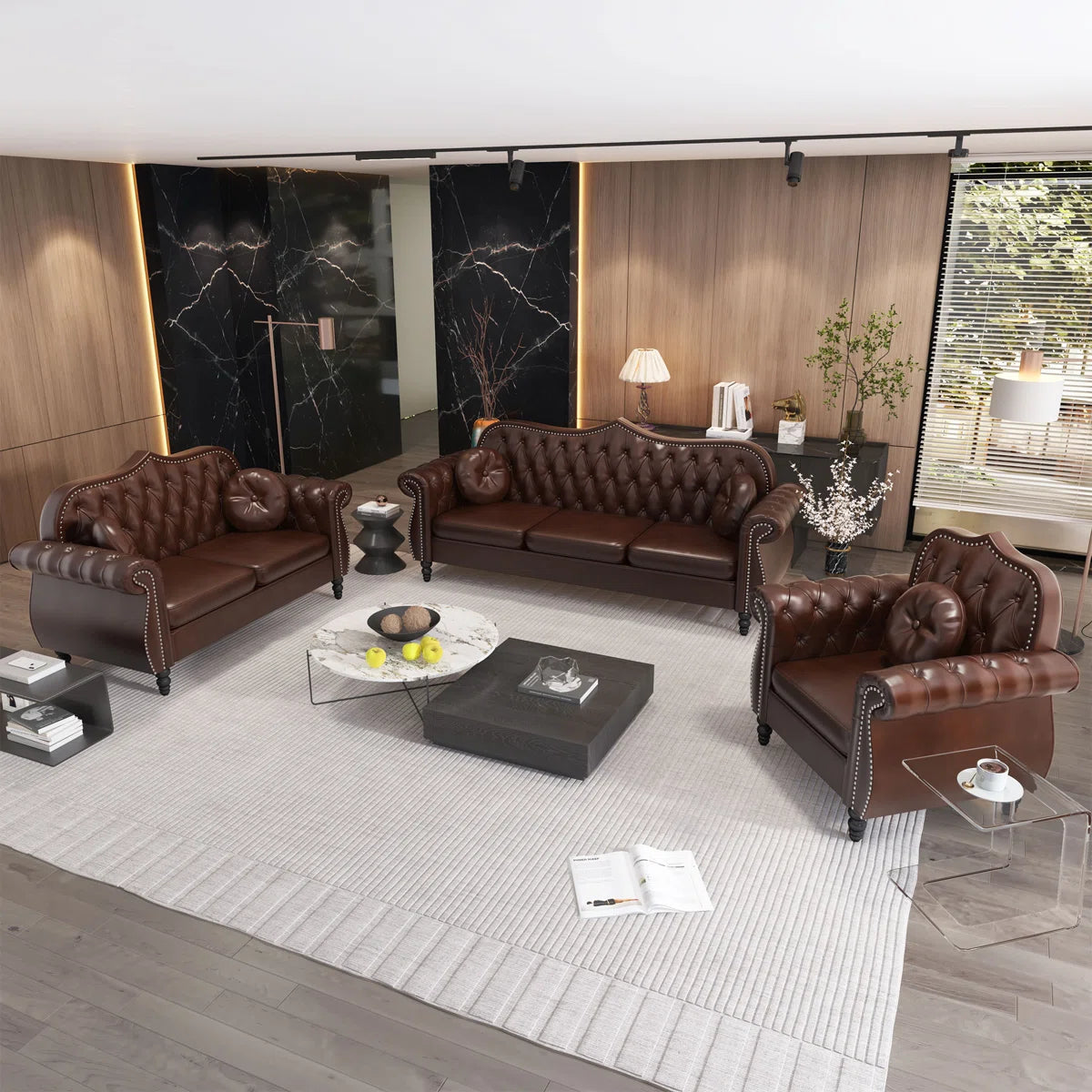 Luxury Sofa Sets: 3-Piece Chesterfield Velvet Sofa, Loveseat & Armchair with Tufted Design and Nailhead Trim