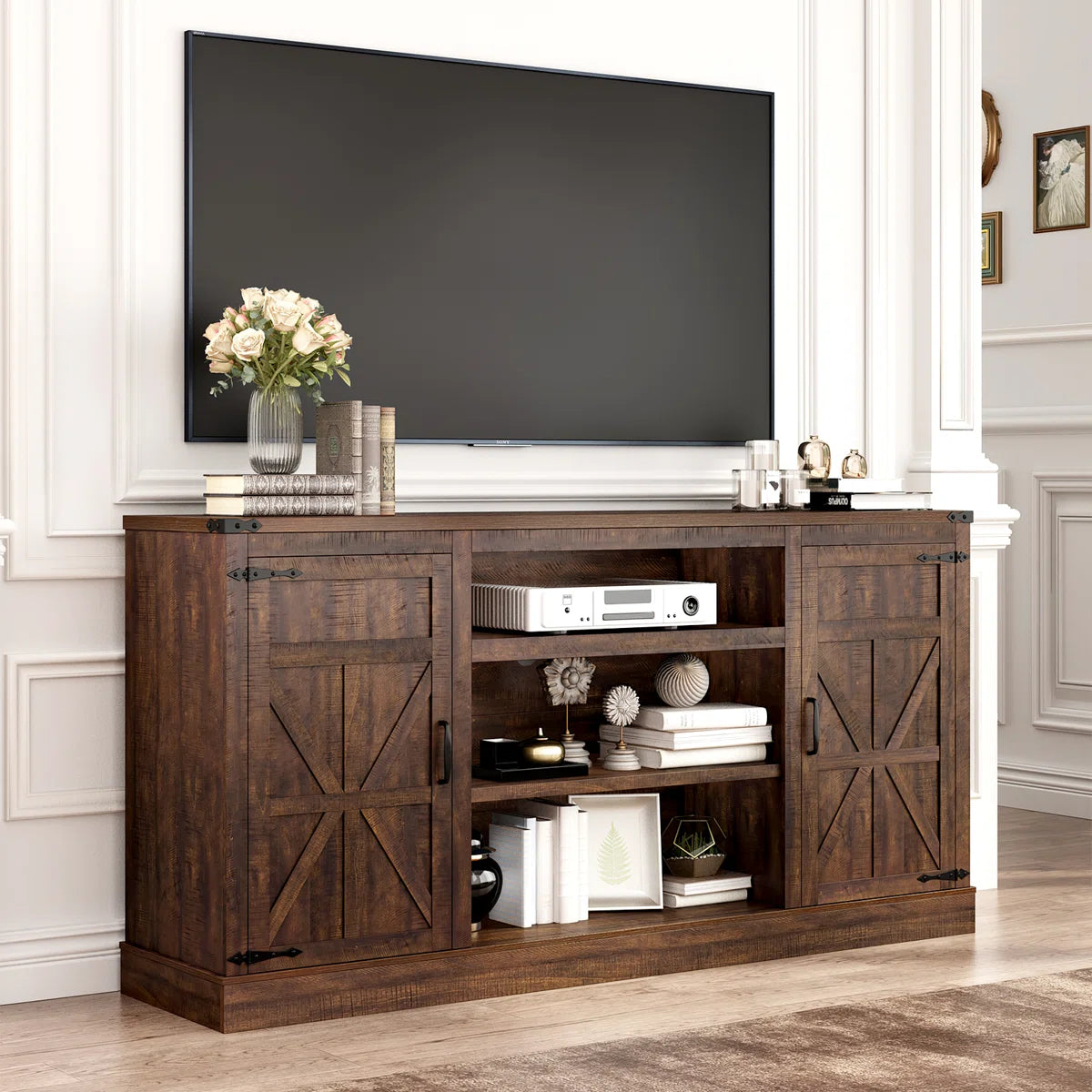 tv panel: Contemporary TV stand for 75" screen, offers ample media organization space