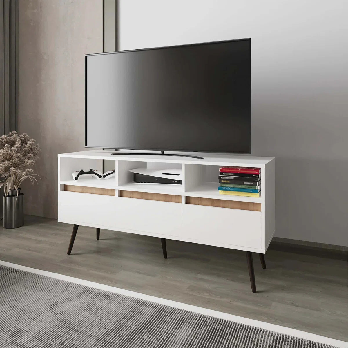 tv panel: Charming tv panel with Multiple Drawers and Shelves for Organized Entertainment