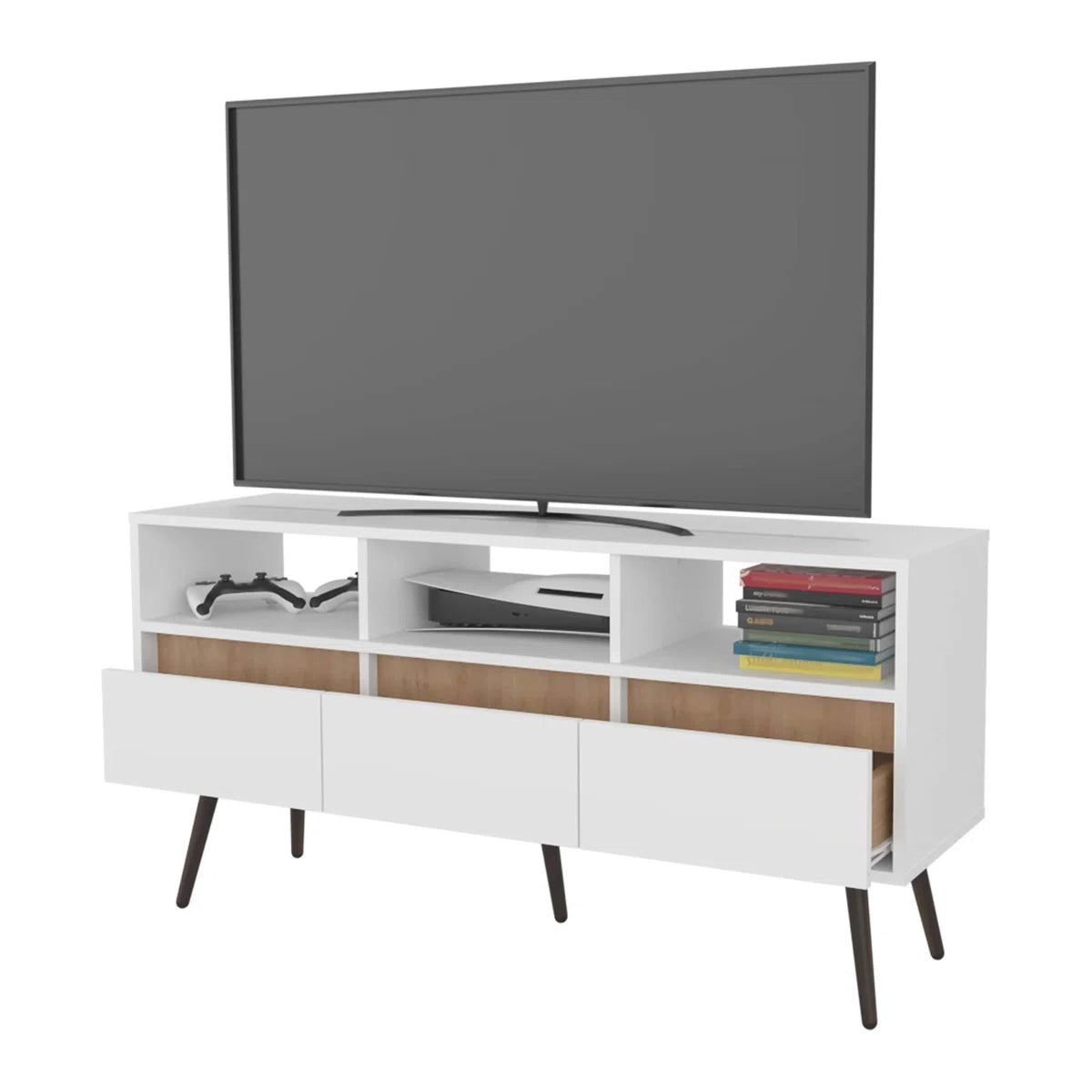 tv panel: Charming tv panel with Multiple Drawers and Shelves for Organized Entertainment