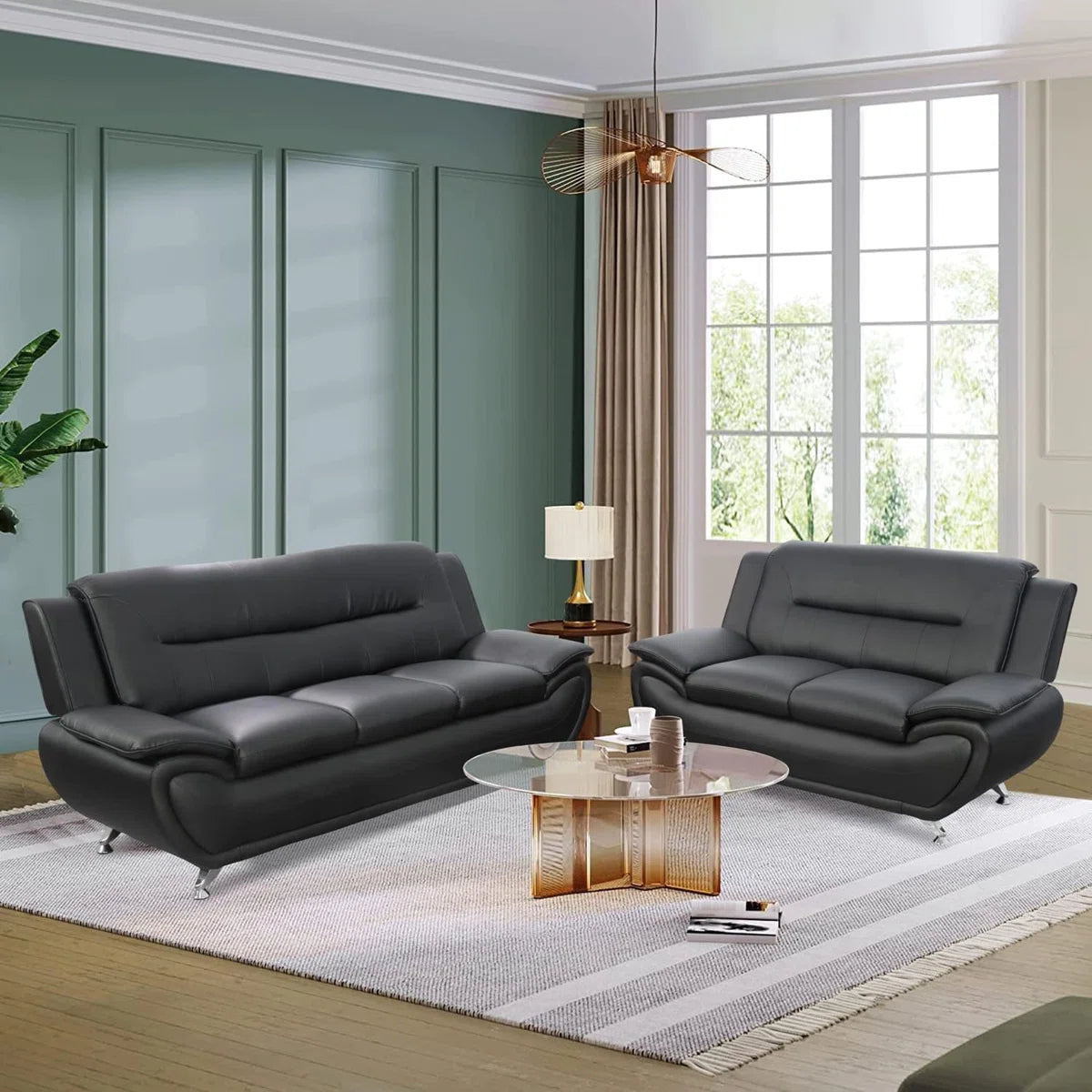 Luxury Sofa Sets: Minimalist Faux Leather 2-Piece Sofa & Loveseat Set with Sleek Metal Legs