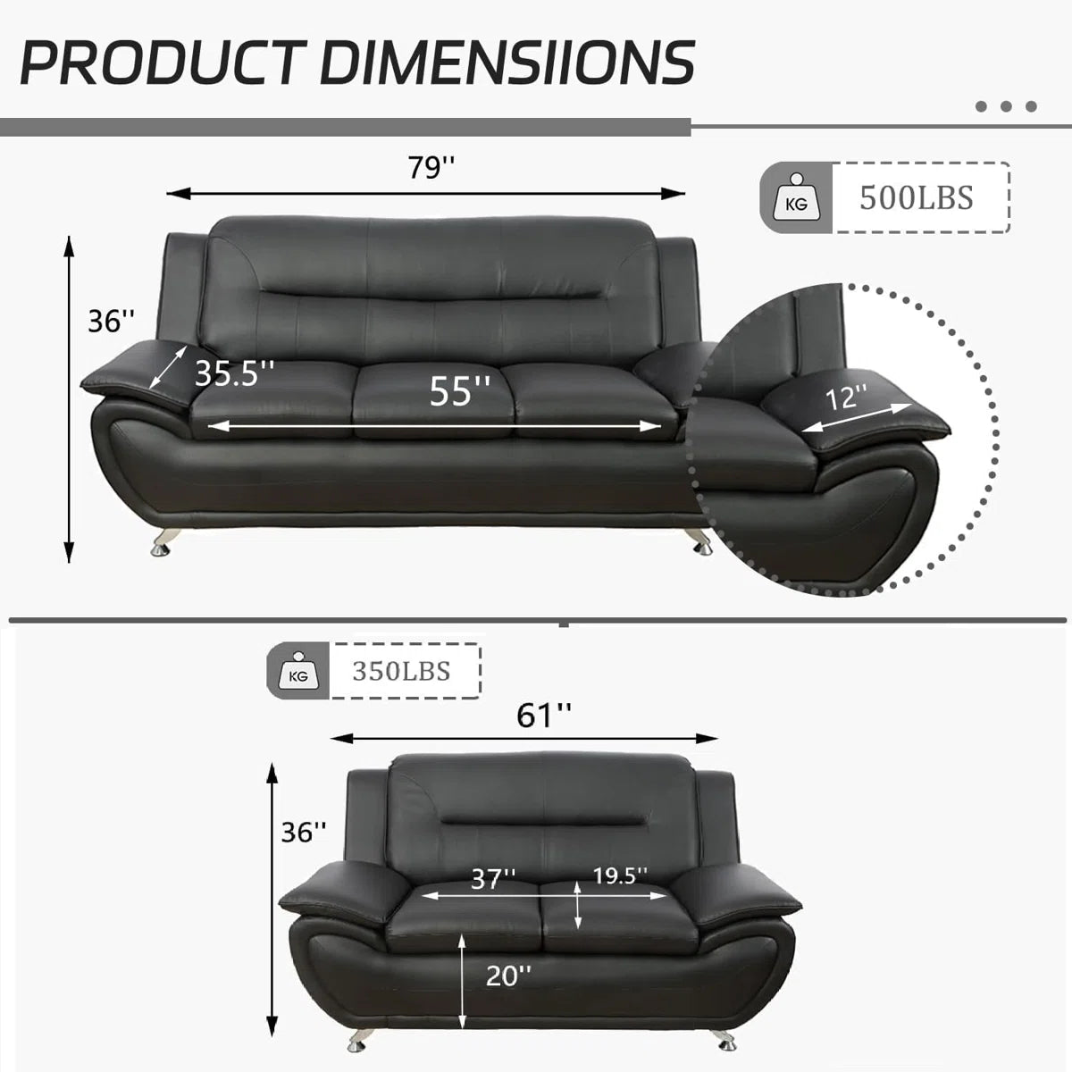 Luxury Sofa Sets: Minimalist Faux Leather 2-Piece Sofa & Loveseat Set with Sleek Metal Legs