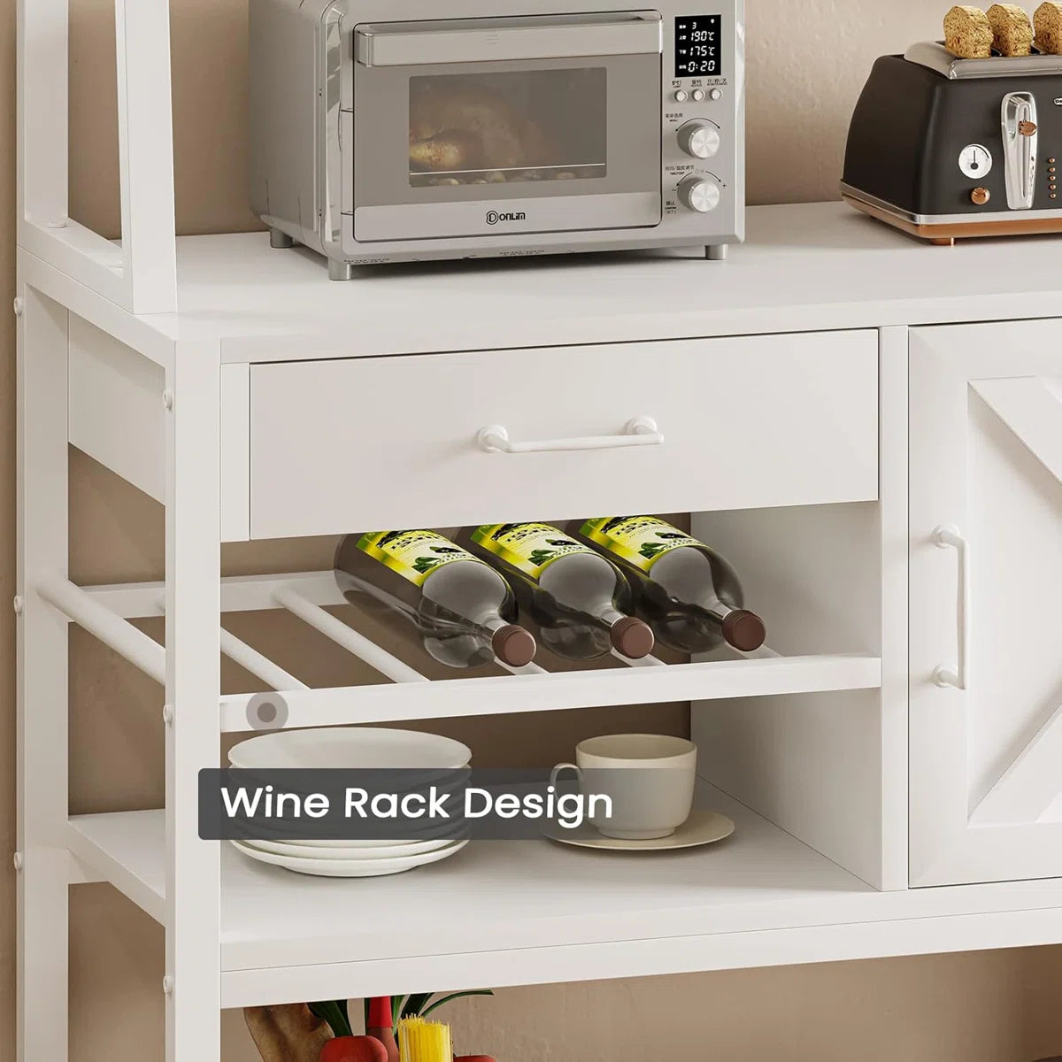 Kitchen Rack: Coffee Bar Cabinet, Farmhouse Microwave Stand With Wine Rack, Storage Drawer With 8 Hooks, Baker's Racks For Kitchens With Storage