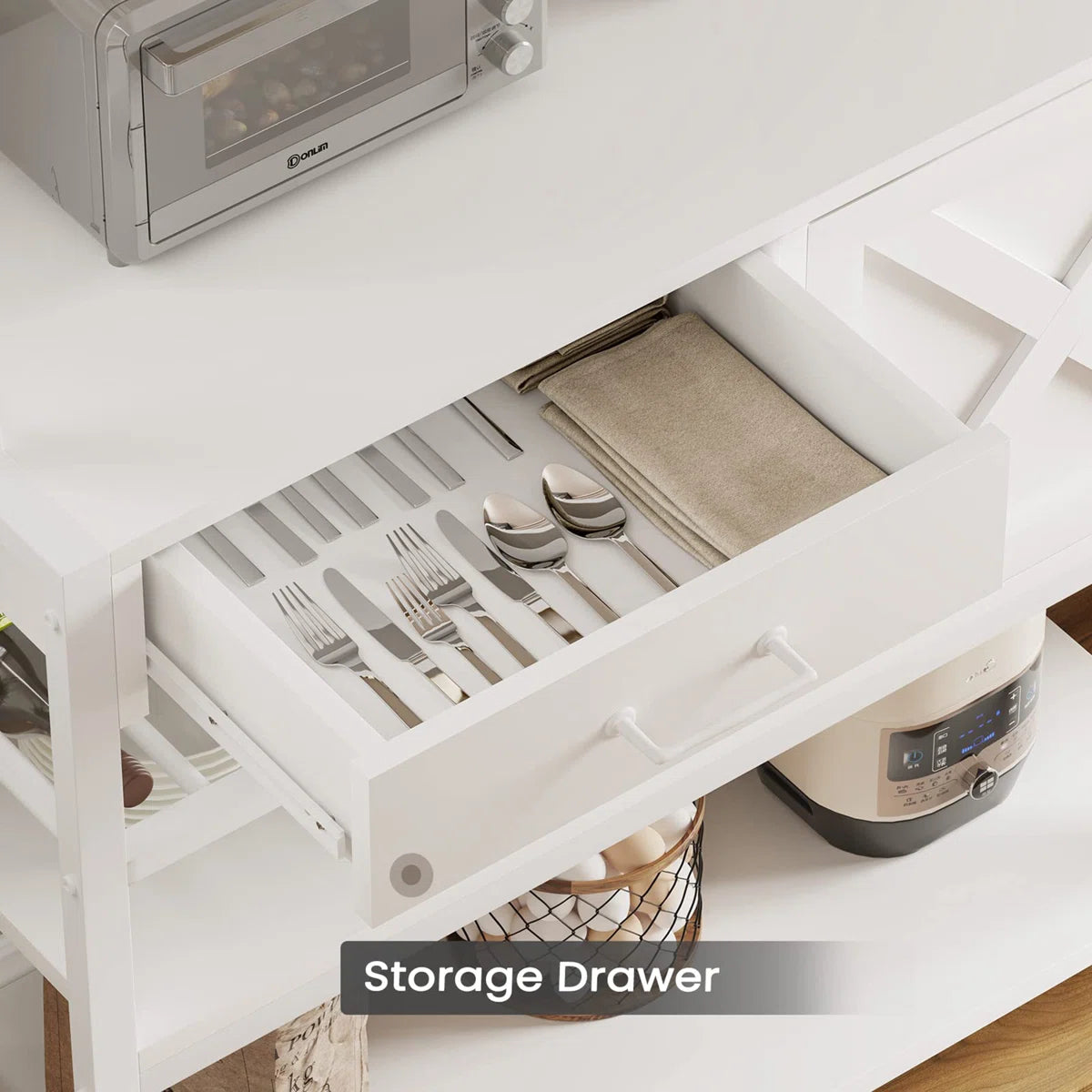 Kitchen Rack: Coffee Bar Cabinet, Farmhouse Microwave Stand With Wine Rack, Storage Drawer With 8 Hooks, Baker's Racks For Kitchens With Storage