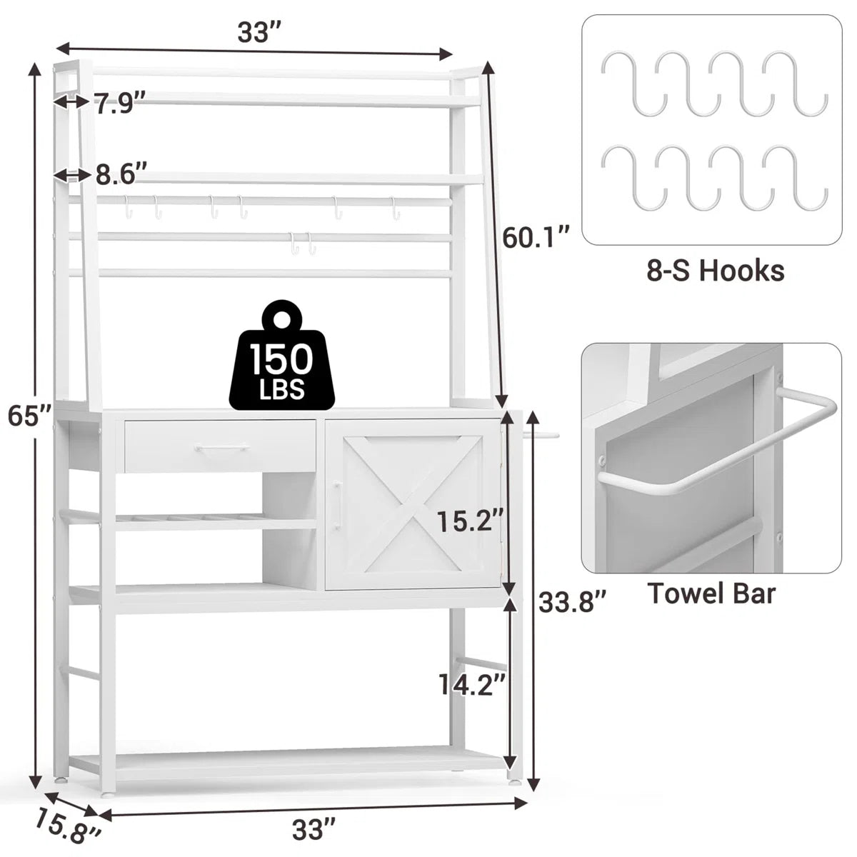 Kitchen Rack: Coffee Bar Cabinet, Farmhouse Microwave Stand With Wine Rack, Storage Drawer With 8 Hooks, Baker's Racks For Kitchens With Storage