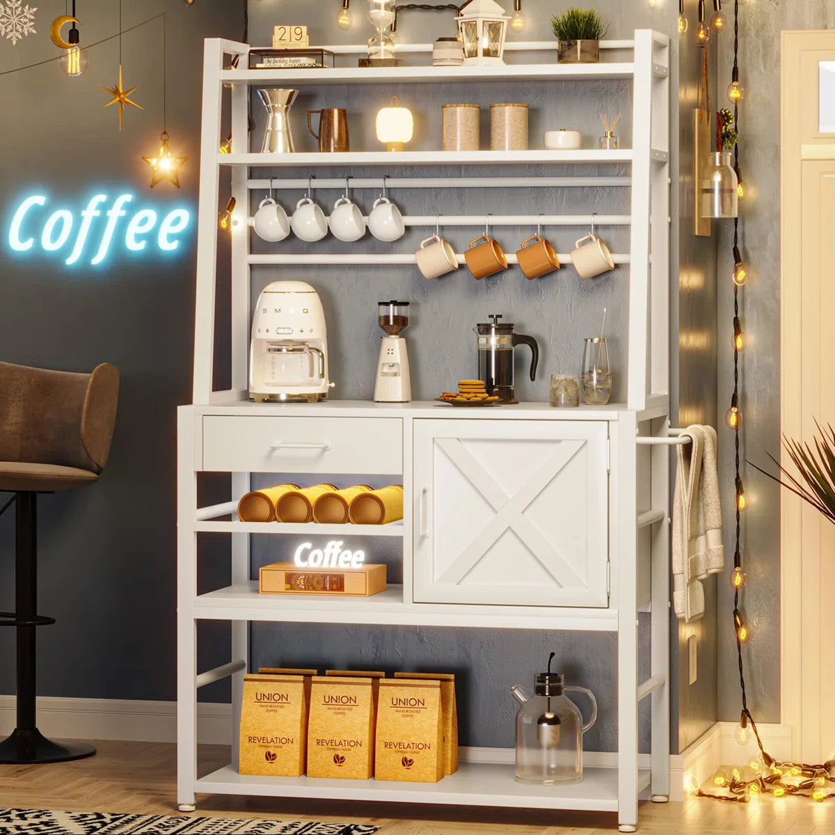 Kitchen Rack: Coffee Bar Cabinet, Farmhouse Microwave Stand With Wine Rack, Storage Drawer With 8 Hooks, Baker's Racks For Kitchens With Storage
