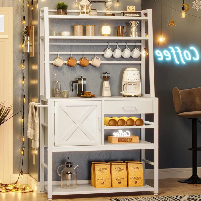 Kitchen Rack: Coffee Bar Cabinet, Farmhouse Microwave Stand With Wine Rack, Storage Drawer With 8 Hooks, Baker's Racks For Kitchens With Storage