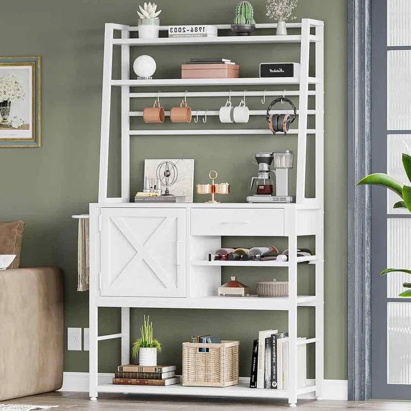 Kitchen Rack: Coffee Bar Cabinet, Farmhouse Microwave Stand With Wine Rack, Storage Drawer With 8 Hooks, Baker's Racks For Kitchens With Storage
