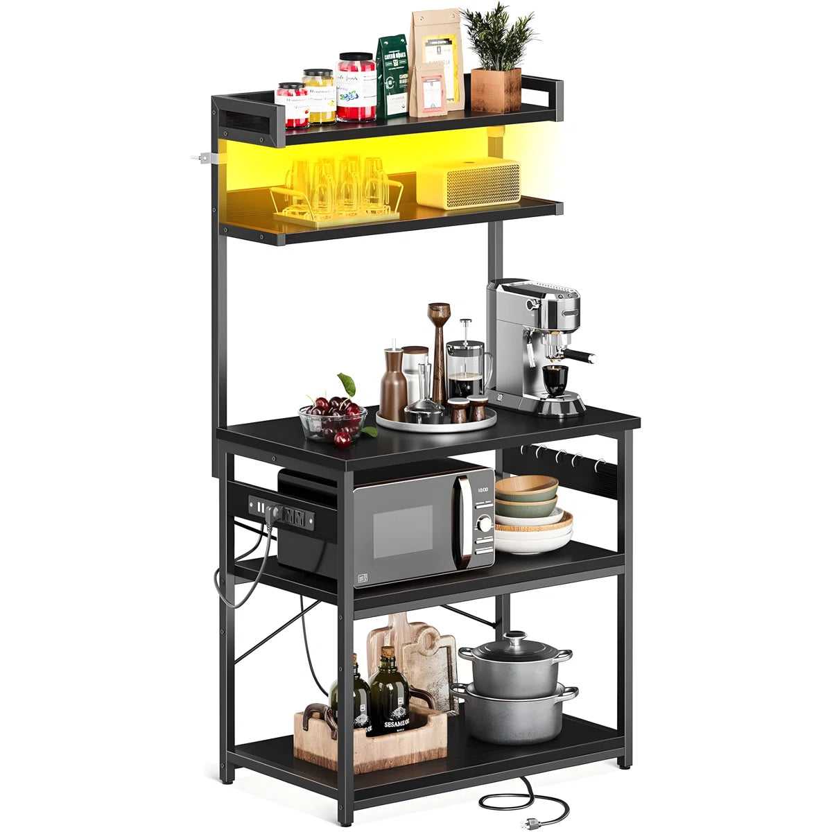 Kitchen Rack: Coffee Bar With Adjustable Shelves, 5-Tier Bakers Rack With Power Outlet LED Lights, Microwave Stand Kitchen Storage Shelf