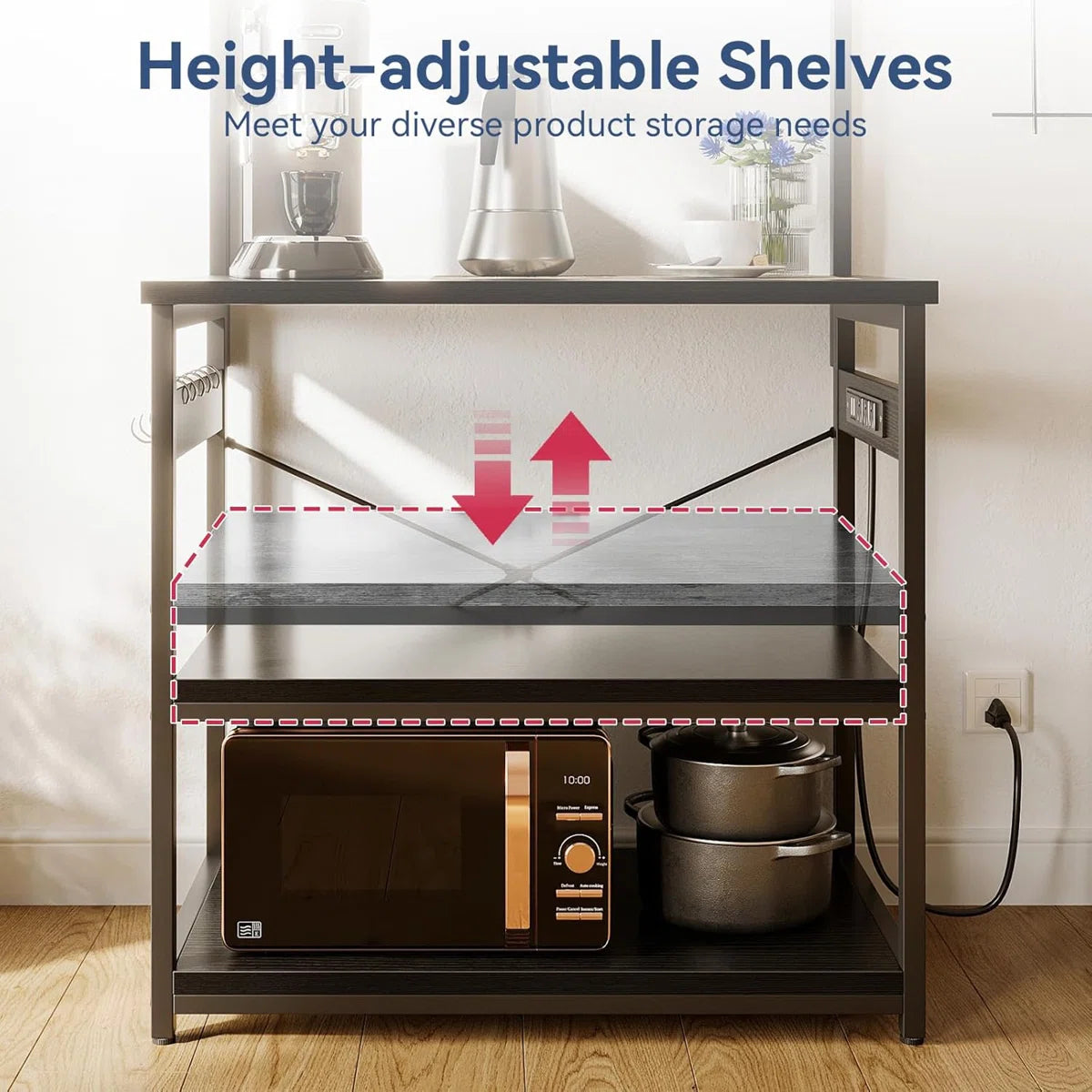 Kitchen Rack: Coffee Bar With Adjustable Shelves, 5-Tier Bakers Rack With Power Outlet LED Lights, Microwave Stand Kitchen Storage Shelf