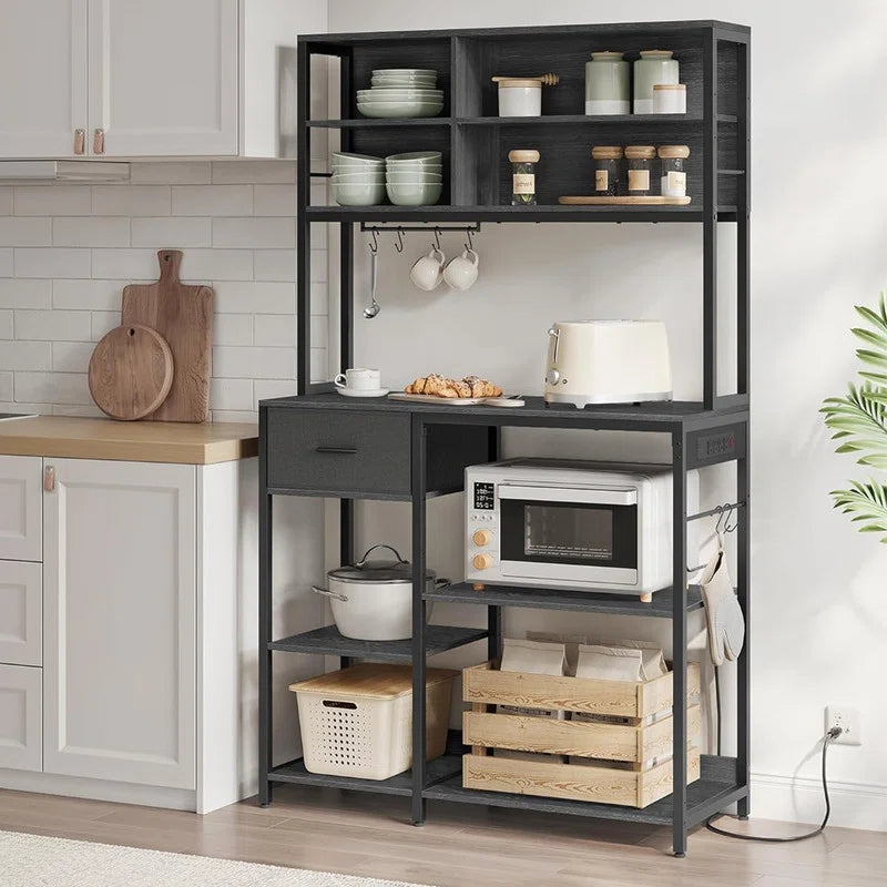 Kitchen Rack: Coffee Stand with Adjustable Storage Shelves, Bakers Rack with Charging Station, and Microwave Table