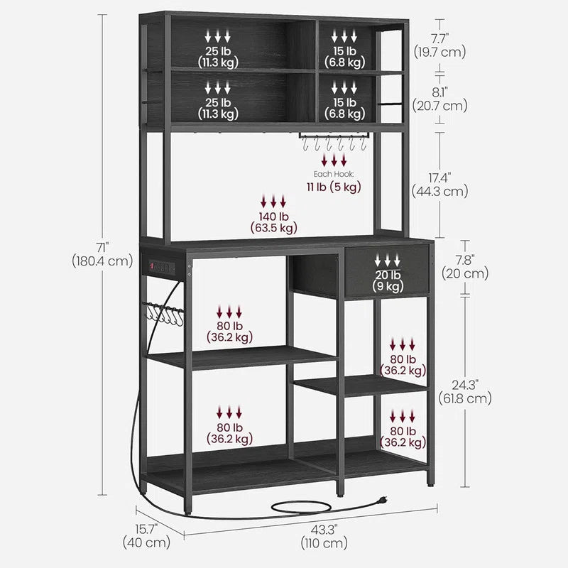 Kitchen Rack: Coffee Stand with Adjustable Storage Shelves, Bakers Rack with Charging Station, and Microwave Table