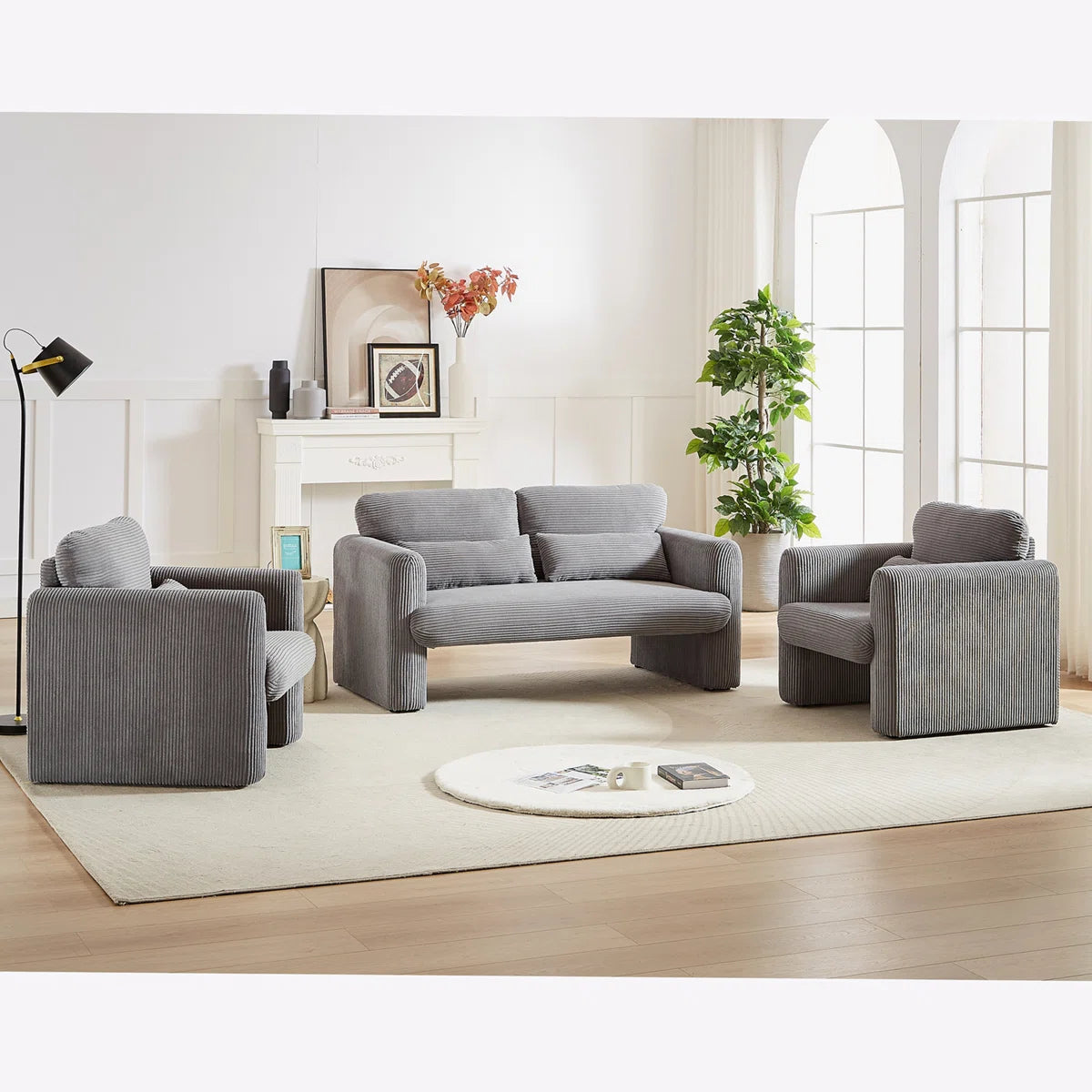 7 Seater Sofa Set: Corduroy Fabric Sofa with Two Single Sofas for Living Room