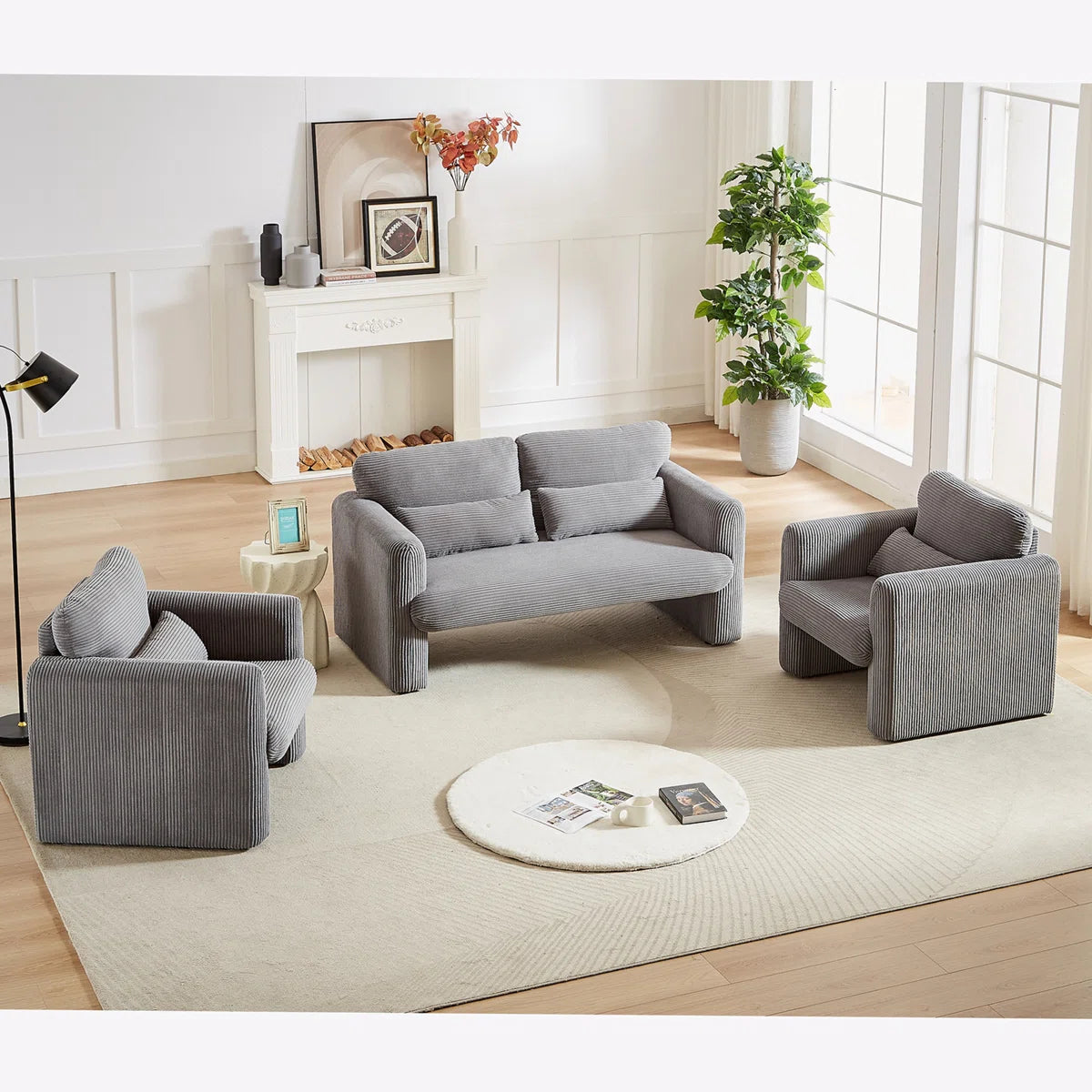7 Seater Sofa Set: Corduroy Fabric Sofa with Two Single Sofas for Living Room