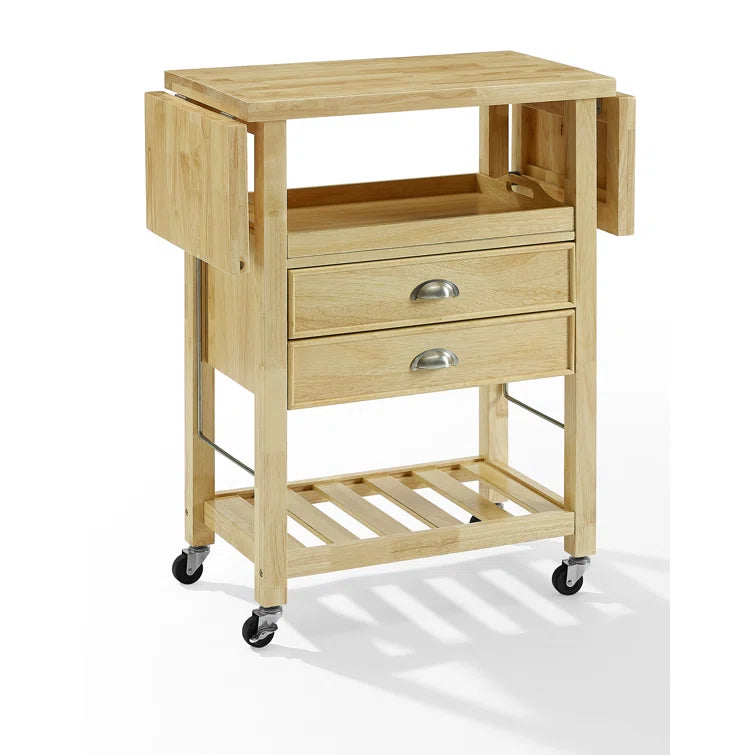 Kitchen Island Table: Drop Leaf Tan Cart with Natural Wood Top, Drawers & Locking Wheels