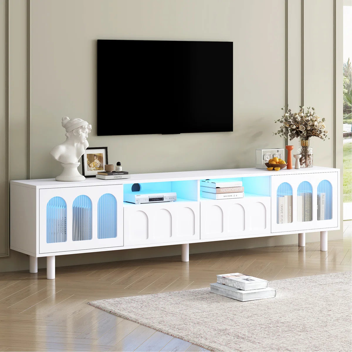 tv panel: LED TV Panel with Glass Doors and Wood Legs for 80" TVs