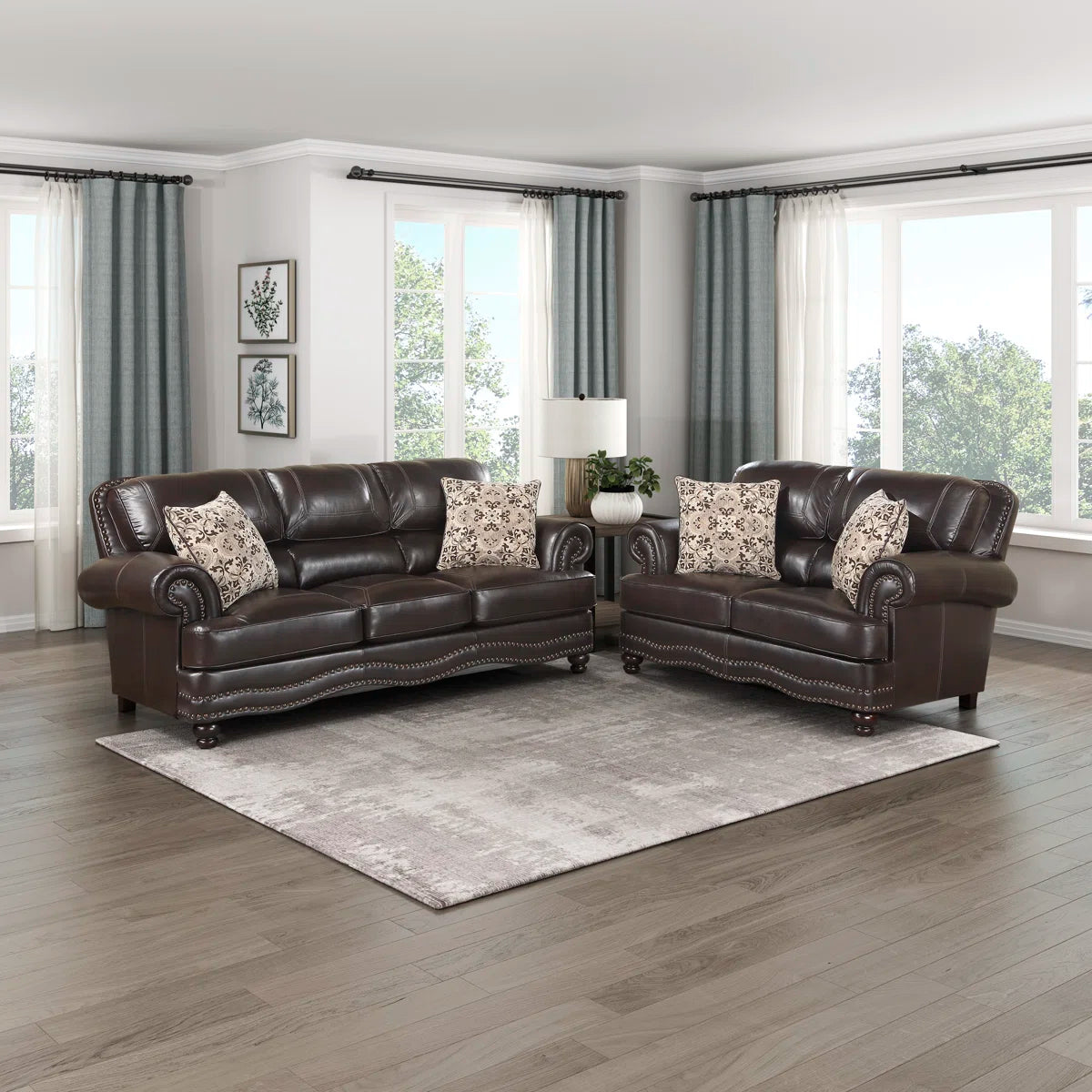 Luxury Sofa Sets: 2-Piece Traditional Faux Leather Sofa & Loveseat Set with Nailhead Trim