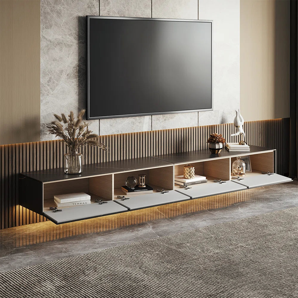 tv panel: Floating TV stand for 88" screens with modern style and storage