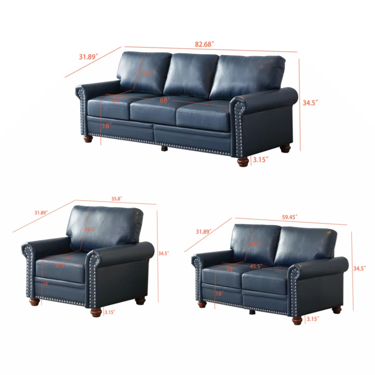 7 Seater Sofa Set: 3-Piece Faux Leather Living Room Furniture Sofa Set