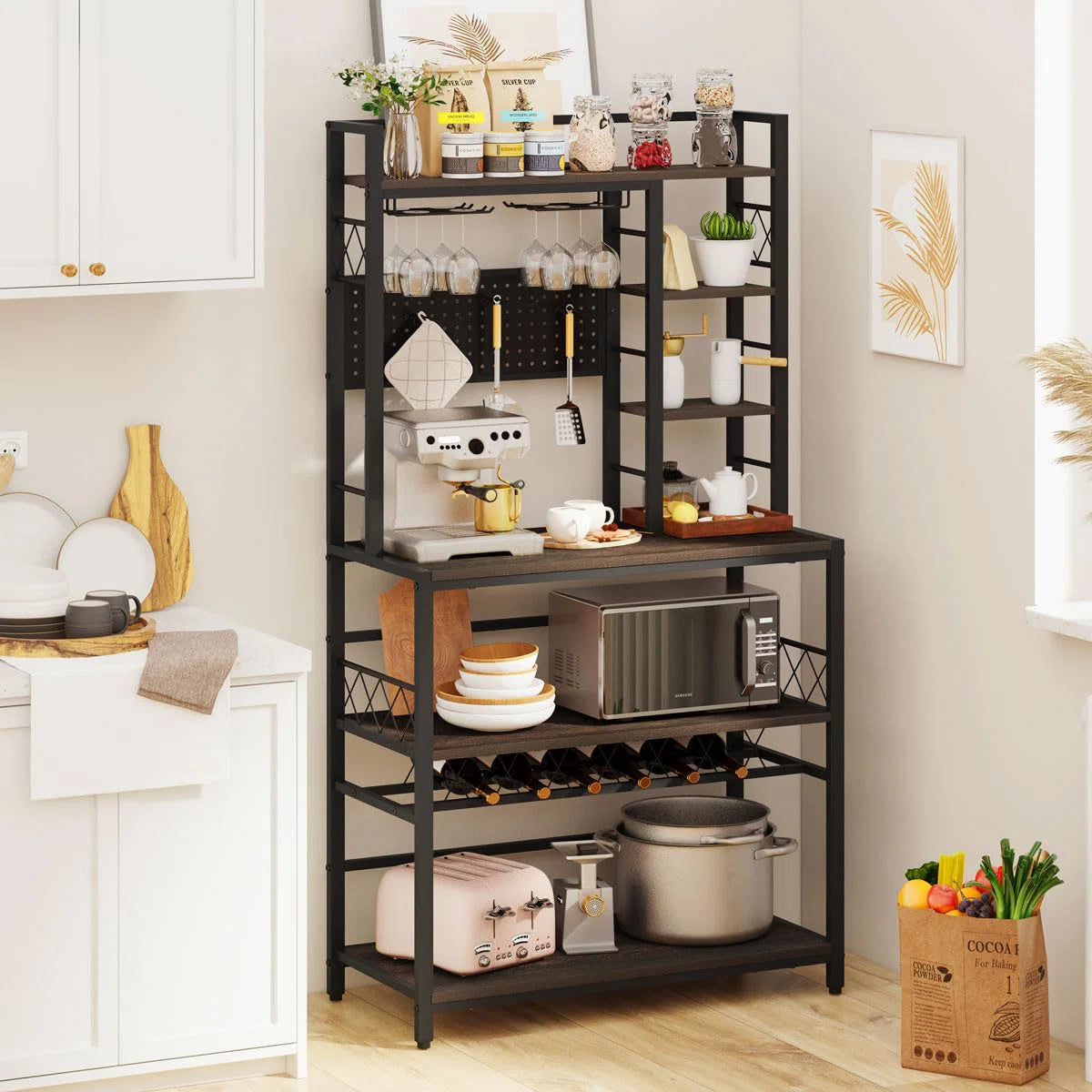 Kitchen Racks: Modern Kitchen Baker’s Rack with Wine Storage and Hanging Mugs
