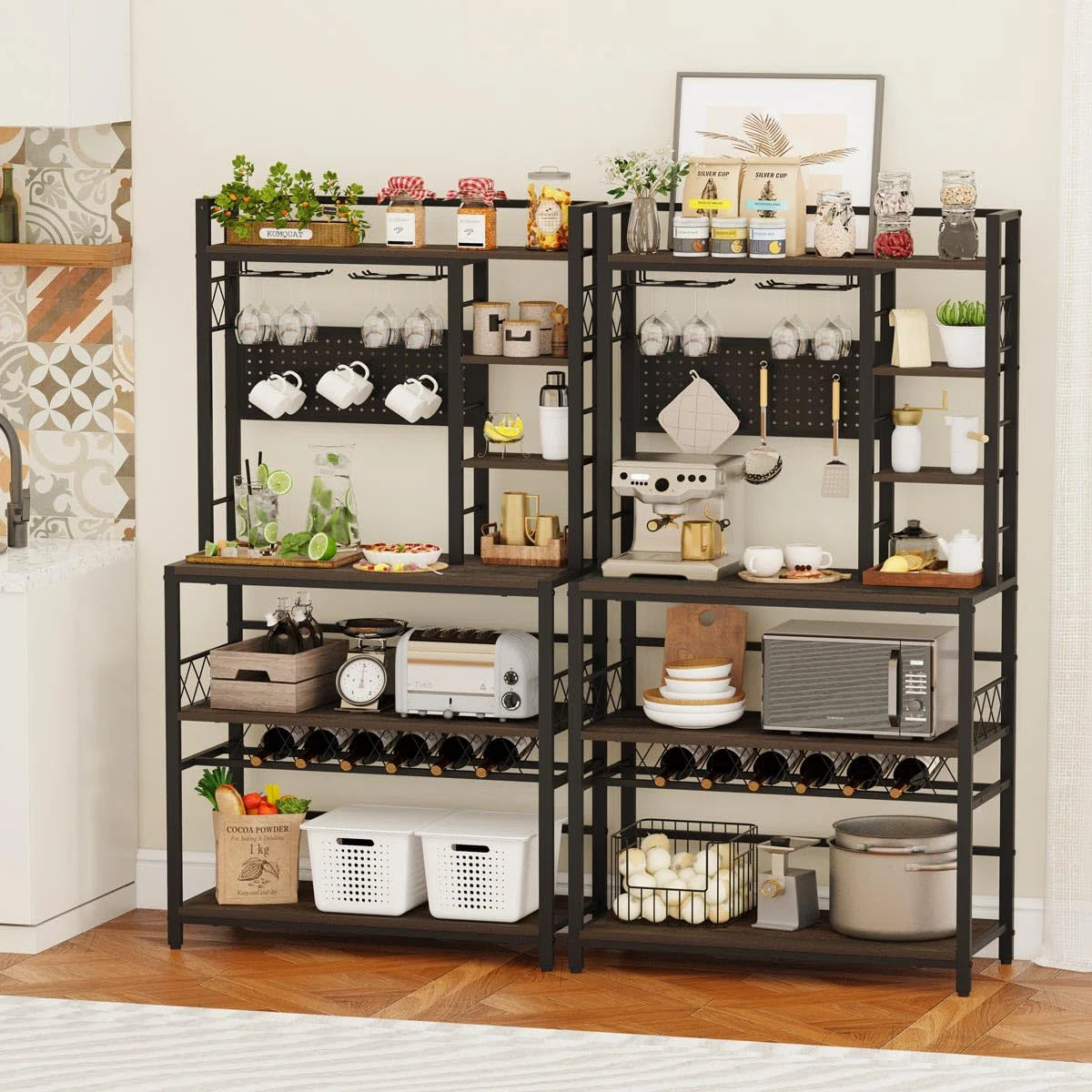 Kitchen Racks: Modern Kitchen Baker’s Rack with Wine Storage and Hanging Mugs