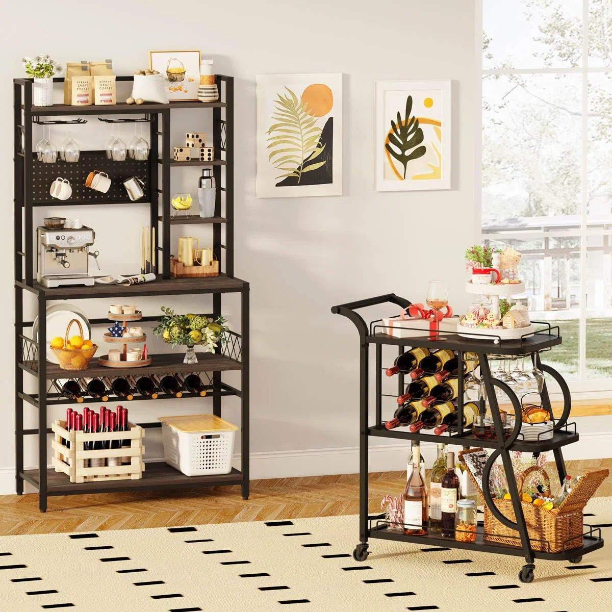 Kitchen Racks: Modern Kitchen Baker’s Rack with Wine Storage and Hanging Mugs